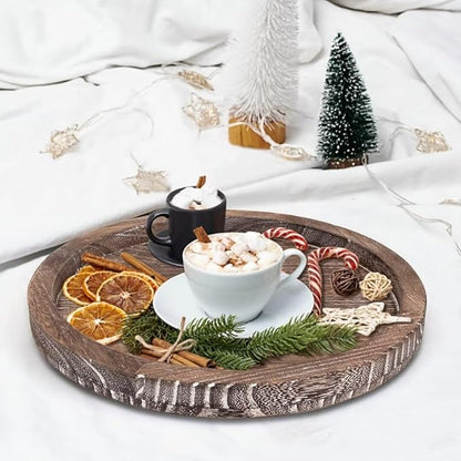 Round Decorative Wooden Serving Trays for Ottoman Coffee Table Tray Farmhouse Kitchen Home Decor Accents Circle Circular Wood Decorations Trays Rustic Dining Table Centerpiece Candle Holder Tray