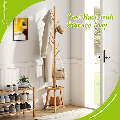 BMOSU Coat Rack freestanding Stand with 2 Shelves Bamboo Wooden Coat Tree Easy Assembly 8 Hooks Standing Jackets Hanger Hallway Office Floor Coat Stand Nature