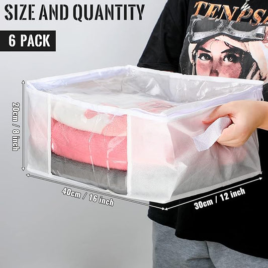Sadnyy 6 Pcs Clear Storage Bags Zippered Plastic Clothes Containers Case Fabric Blanket Organizer Large Sweater Storage Bins with Handles for Cloth Bedding Sheets Closet Toys(16 x 12 x 8 Inch,White)