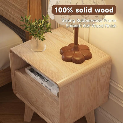 NKGIAG Solid Wood Nightstand, Mid-Century Modern Night Stand with Drawer & Open Shelf, Compact Bedside Tables for Bedroom, Office, Small Spaces, Light Natural Finish, Pre-Assembled