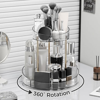 2 tier Makeup Organizer Countertop,360 Rotating Makeup Organizer for Skincare, Lipstick and Perfumes,Multi-function Cosmetic Display Cases for Vanity,Bathroom,White