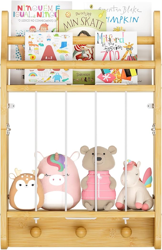 Wall-Mounted Kids Bookshelf, 2-Tier Bamboo Floating Nursery Book Shelf, Picture Ledge Shelf for Wall Decor and Storage, Hanging Toy Shelf Organizer for Baby Rooms Playroom Bedroom