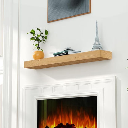 ROOMTEC Fireplace Mantel,48" Wood Floating Fireplace Shelves,Wall Mounted Wooden Display Shelving,Handcrafted Wood Brack,Natural Mantels Over Fireplace | 48" x 8" x 3"-Clear Varnished Natural Wood