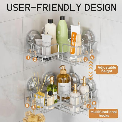 LEVERLOC Corner-adaptive Suction Cup Shower Caddies 2 Pack, Stainless Steel Rustproof Corner Shower Shelf, Large Capacity Removable Suction Cup Bathroom Organizer, Drill-Free Wall Mounted Basket, Gray