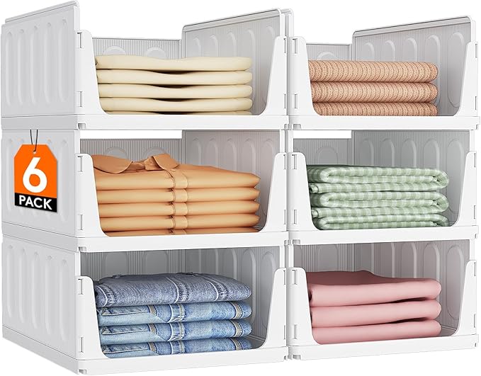 Lifewit 6 Pack Stackable Closet Organizers and Storage Basket for Clothes, Plastic Storage Bins for Wardrobe, Multifunctional Drawer Organizer for Bathroom, Kitchen, Laundry Room, Office, Dorm, White