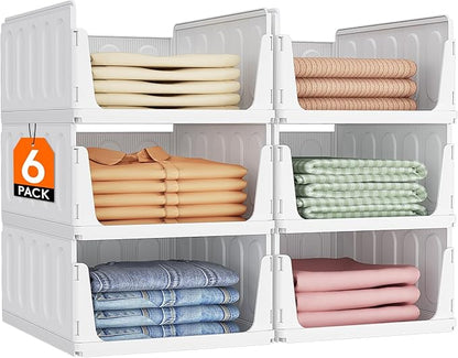 Lifewit 6 Pack Stackable Closet Organizers and Storage Basket for Clothes, Plastic Storage Bins for Wardrobe, Multifunctional Drawer Organizer for Bathroom, Kitchen, Laundry Room, Office, Dorm, White