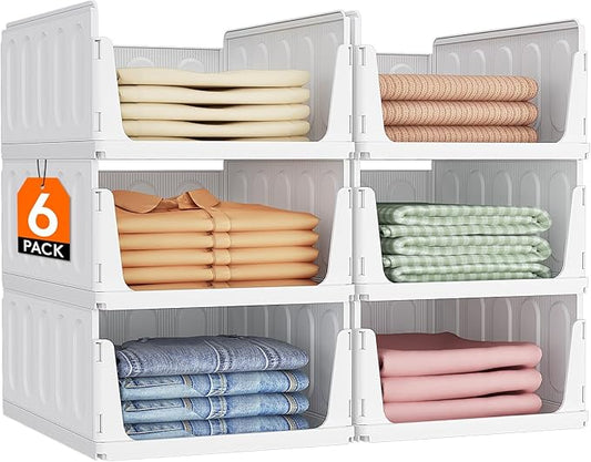 Lifewit 6 Pack Stackable Closet Organizers and Storage Basket for Clothes, Plastic Storage Bins for Wardrobe, Multifunctional Drawer Organizer for Bathroom, Kitchen, Laundry Room, Office, Dorm, White