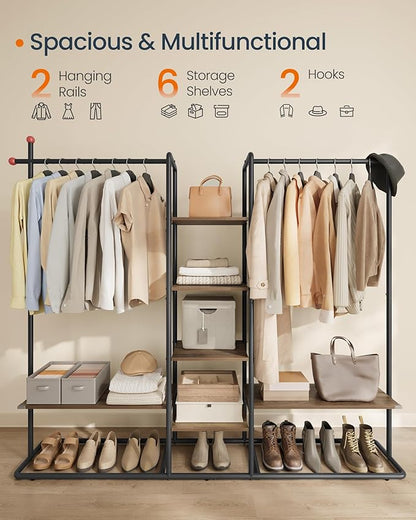 SONGMICS HOME Clothes Rack, Wardrobe, Freestanding Closet, Heavy-Duty Garment Rack, 6 Storage Shelves, 2 Hanging Rails, 64.4 x 13.3 x 69 Inches, Natural Walnut and Ink Black URGR012B01