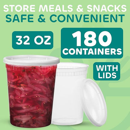 JoyServe 32 Oz Deli Food Containers with Lids - (180 Sets) Quart Airtight Plastic Food Storage for Takeout, Meal Prep, To-Go, Soup Freezer Containers w/ 180 Lids, BPA-Free, Dishwasher, Microwave Safe