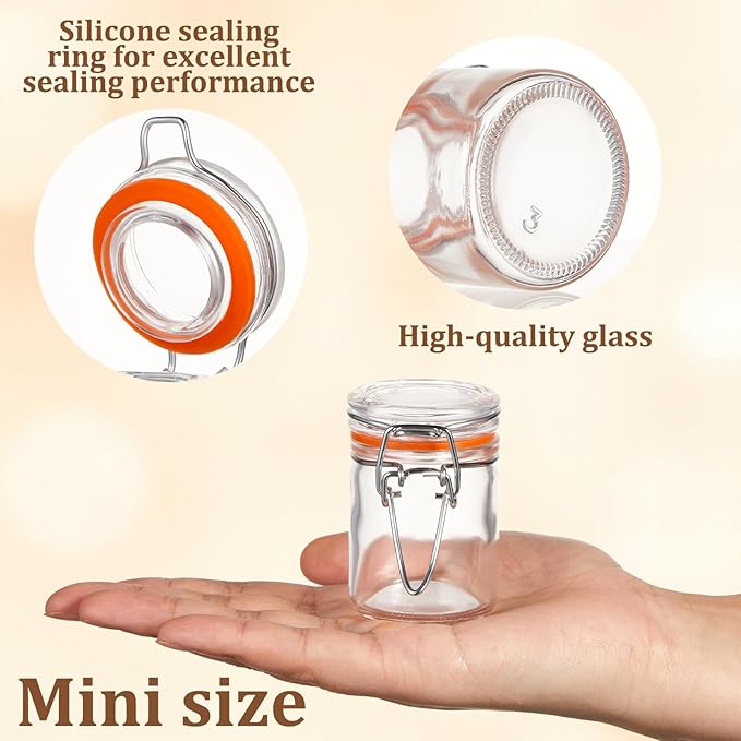 Norme 24 Pcs 1.7 oz Mini Glass Spice Jars with Airtight Hinged Lid Empty Spice Bottles with Leak Proof Rubber Gasket Small Clear Stash Jars for Home Kitchen Herb Tea Seasoning Sugar Storage Containers