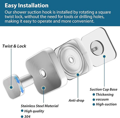 AbluFirst Suction Cup Hooks for Shower,No-Drill Removable Duty Shower Suction Cup Wreath Hooks for Bathroom Wall, Glass, Windows,Mirrors Kitchen to Hang Towels,Robes,Coat, Loofah-Silver(4 Pack)