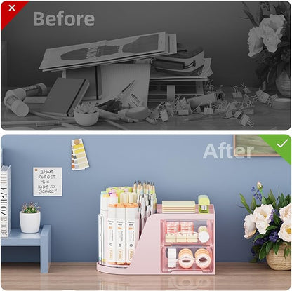 Marbrasse Desk Organizer with 2 Drawer, 360°Rotating Pen Holder, Desk Organizers and Accessories with 6 Slots Pencil Organizer + 2 Drawer, Art Supply Storage Box Caddy for Office (Pink)