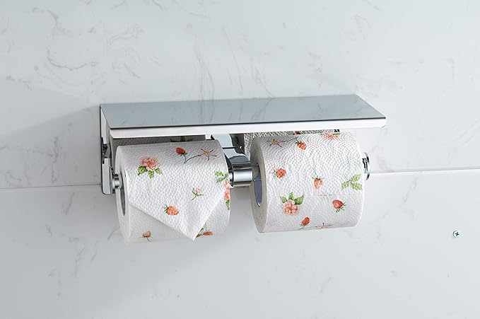 BGL Toilet Paper Holder - Stainless Steel Toilet Paper Roll Holder with Shelf Wall Mounted for Bathroom (Silver, Double Head)