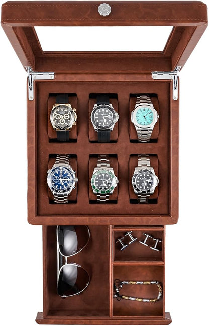 Awesometik 6 Slot LUXURY Faux Leather Watch Box Organizer. Real Glass Top. Watch Display & Watch Holder for Men. Watch Collection, Protection. For Men Ready to Gift (6 Slot Watch Box with Drawer)