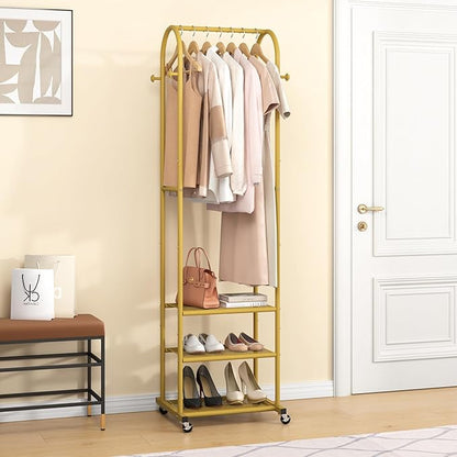 Heavy Duty Clothing Rack with Wheels,Modern Garment Rack with 3 Metal Shelves, 71.8Inches Display Rack for Hanging Clothes, Hanging Rod for Small Space,Gold