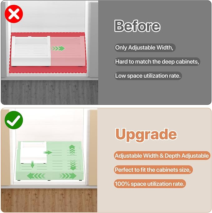 BUFOR 1 Pack Pull out Cabinet Organizer, Width (10"-16") Depth (17"-25"), with 3 Rails Adjustable Slide, Expandable Pullout Drawers for Cabinets, No Drill Adhesive Kitchen Drawers for Pantry Shelves
