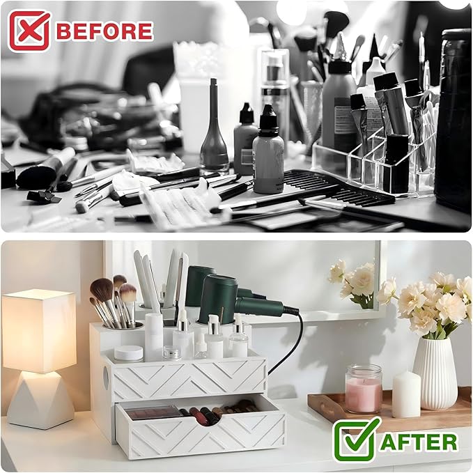 AceOrbit Hair Tool Organizer with Drawer, Hair and Makeup Bathroom Vanity Organizers and Storage Fits Blow Dryer, Curling Iron, Makeup Brushes, Skincare, Hot Tools Organizer for Tidy Counter(White)