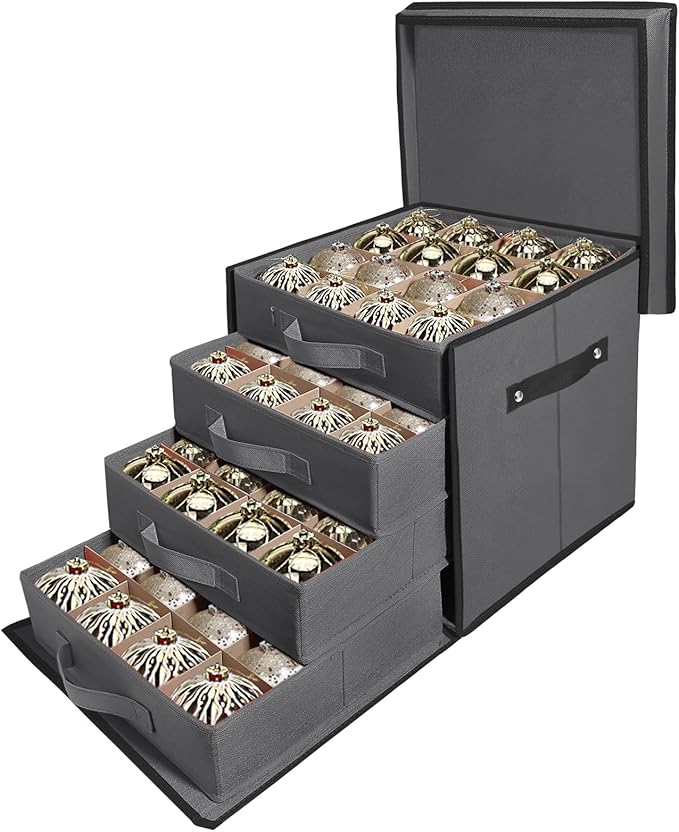 WDZREE Premium Large Christmas Ornament Storage,Box with Side Open, Drawer Style Trays - 3" Compartment, 4 Trays, Keeps 64 Holiday Ornaments -Made of Durable 600D Oxford Fabric Tear-Proof Material