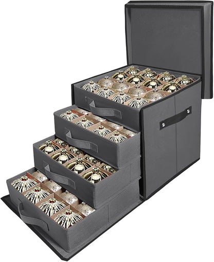 WDZREE Premium Large Christmas Ornament Storage,Box with Side Open, Drawer Style Trays - 3" Compartment, 4 Trays, Keeps 64 Holiday Ornaments -Made of Durable 600D Oxford Fabric Tear-Proof Material