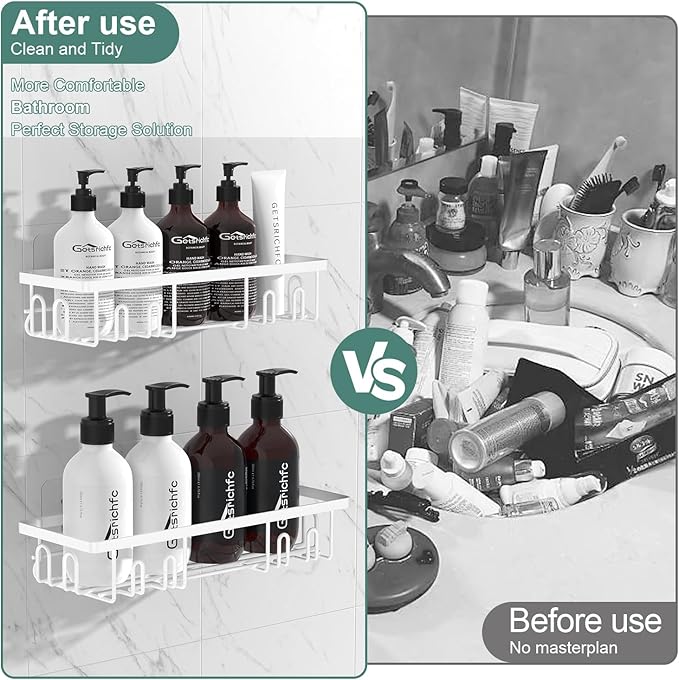 Getsrichfc 2025 New Adhesive Shower Caddy, Shower Shelves with 16 Hooks, White 2 Pack