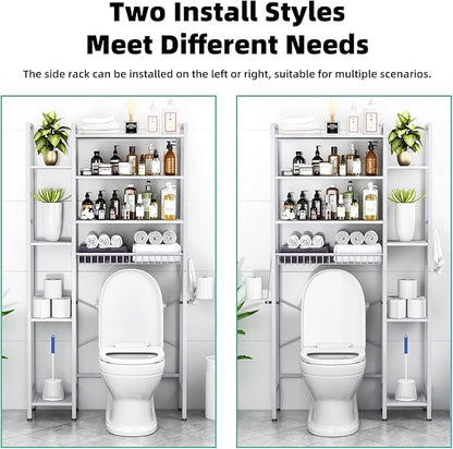 Kalrin 8-Tier Over The Toilet Storage with Side Rack, Over Toilet Storage Rack with Adjustable Shelf & Drain Basket, Freestanding Bathroom Organizer for Balcony, Laundry (Pure White)