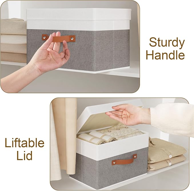 1 Pack Storage Bin with Lid, Collapsible Box, 15 x 9.8 x 9.8 Inch Storage Basket with Double Handles for Bedroom, White and Grey