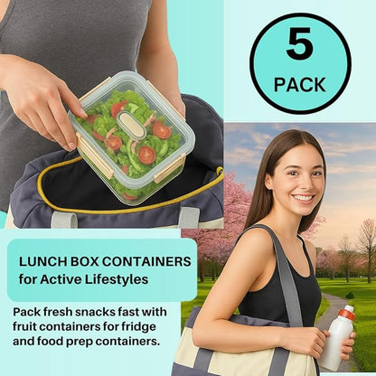 DAZZLEREE Fruit Containers for Fridge Keep Fresh, 5-Pack Produce Containers for Fridge with Lids, Meal Prep Containers, Food Organizer with Removable Colander, Microwave & Dishwasher Safe (Cream)