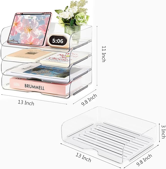 4-Tier Large-Capacity Paper Organizer, Clear Stackable Desk Organizer & Acrylic Paper Tray, Transparent & Easy Access,Desk File Organizer for Home Office & School