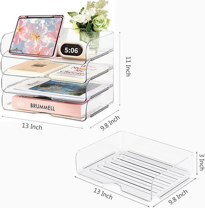 4-Tier Large-Capacity Paper Organizer, Clear Stackable Desk Organizer & Acrylic Paper Tray, Transparent & Easy Access,Desk File Organizer for Home Office & School