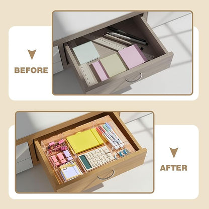 Briwooody 2 Pcs Clear Acrylic Desk Drawer Organizer 12 x 8 x 1.77 Inch Drawer Organizer Trays with 6 Compartments Desk Accessories for Office Makeup Silverware Bathroom