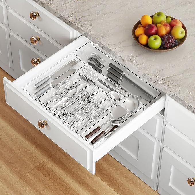 Expandable Utensil Drawer Organizer, Clear Plastic Silverware Tray for Drawers 9 Compartments Adjustable Non-Slip Drawer Storage Organizer forTableware, Knives, Forks, Spoons, Tools, Stationery