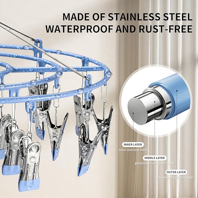 PHYDELU Drying Rack Clothing with 24 Clips，Sock Hanger for Drying，Hanging Clothes Dryer Underwear Hangers Racks Laundry Herb Socks Panty Wet Bra Lingerie Baby Delicates Foldable Small Indoor Metal