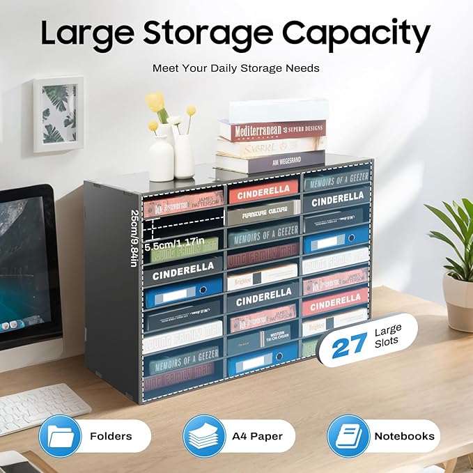 27 Slot Literature Organizer, Vertical Desktop File Sorter Mail Center with Thickened PVC Board, Vertical Paper Storage Cabinet for Classroom, Home & Office (27 Slots Black)