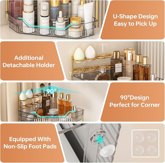 ZZWILLB Corner Bathroom Counter Organizer with Makeup Brush Holder & Toothbrush Holders, Makeup Organizer for Vanity Countertop, Acrylic Skincare Storage Shelf (Grey, 2-Tier)