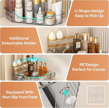 ZZWILLB Corner Bathroom Counter Organizer with Makeup Brush Holder & Toothbrush Holders, Makeup Organizer for Vanity Countertop, Acrylic Skincare Storage Shelf (Grey, 2-Tier)