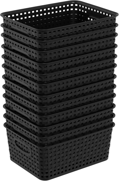 Plastic Shelf Storage Baskets, Plastic Pantry Weave Basket, Black, 12 Packs