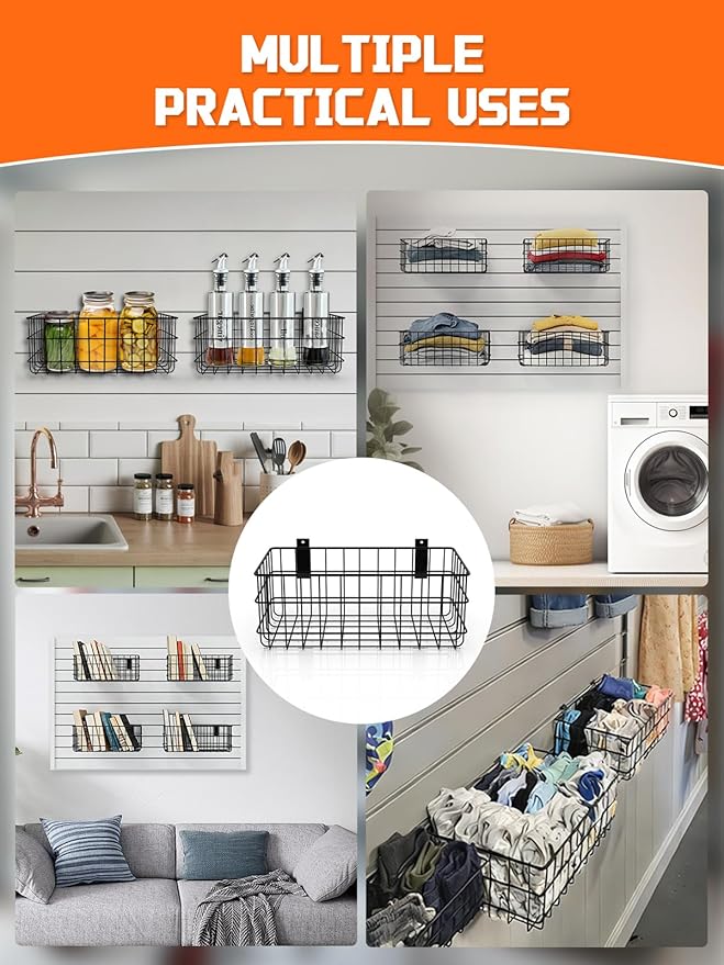 AZUNO 4 Pack Slatwall Baskets Set, Heavy Duty Metal Slat Wall Accessories Wire Baskets, Hanging Storage Organizer for Garage, Shop, Retail Display, Fits Standard Slatwall Panels