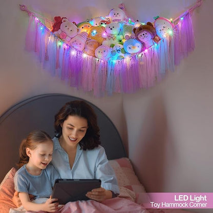FIOBEE Stuffed Animals Net or Hammock with LED Light, Toy Hammock Hanging Stuffed Animals Storage Organizer Holder Room Décor for Nursery Kids Bedroom