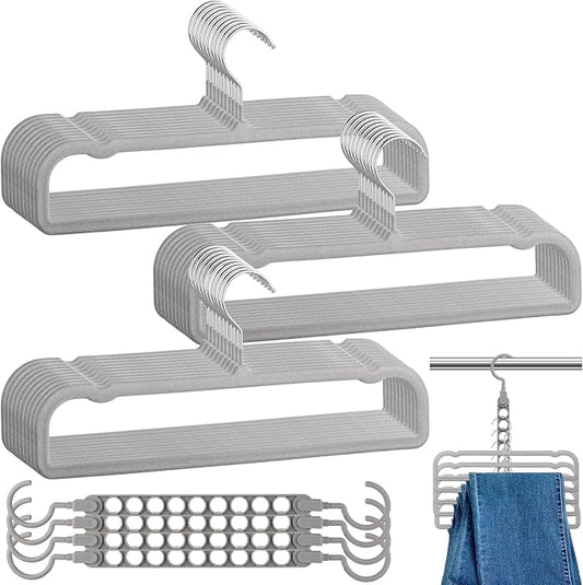 Velvet Pants Hangers Non Slip, 30 Pack Velvet Hangers for Closet with Porous Hooks, Strong Durable Space Saving Slim Clothes Hanger, Ultra Thin Flocked Hanger for Pants/Shirts/Bra/Shorts (Grey)