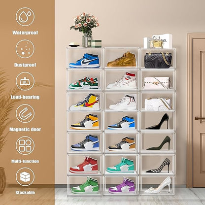 DAYOOH 10 Pack Acrylic Shoe Boxes Stackable, Size 12 Clear Shoe Display Cases Plastic Shoe Container Boxes Sneaker Storage Bins