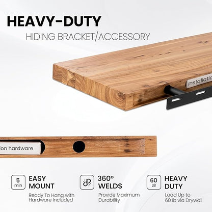 Fun Memories Floating Shelves for Wall Set of 2, Rustic Solid Elm Wood Wall Shelves 24 Inch - Invisible Bracket Mount for Living Room, Bathroom, Bedroom, Kitchen, Natural
