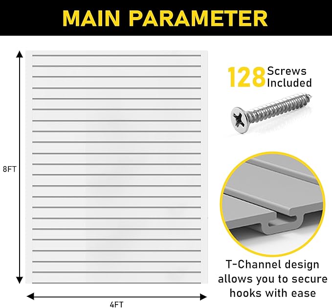 Heavy Duty 8x4 PVC Garage Slatwall Storage System (with Endcaps & Screws) - Modular Slat Wall Paneling for Garage Wall Organizer - Interlocking Slatwall Panels for Home & Commercial Use (Grey)