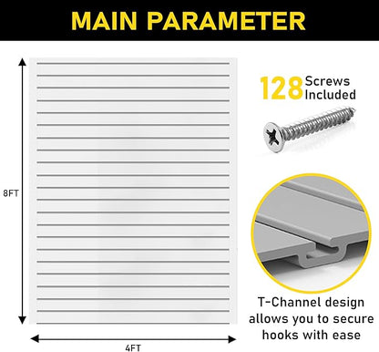 Heavy Duty 8x4 PVC Garage Slatwall Storage System (with Endcaps & Screws) - Modular Slat Wall Paneling for Garage Wall Organizer - Interlocking Slatwall Panels for Home & Commercial Use (White)