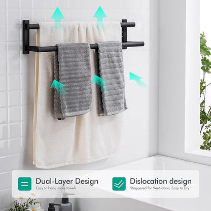 BAGNOLUX Double Towel Bar, SUS304 Towel Racks for Bathroom Wall Mounted 2-Tiers Ladder Towel Rails, Space Saving Bathroom Towel Holder Shelves Rack, Long Towel Hanger (24"-Square-Matte Black)