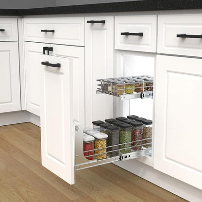 2 Tier Pull Out Cabinet Organizer, 9" W x 21" D Heavy-Duty Metal Sliding Drawer Shelf for Kitchen Cabinets, Chrome, Doesn't Include Door Fittings
