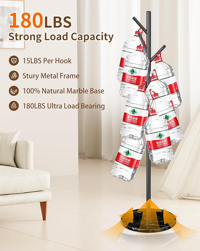 Modern Coat Rack Stand, Metal Freestanding Coat Rack with Natural Marble Base, Black Coat Racks with 8 Hooks and Coat Hanger Tree Jacket Stand for Office, Entryway, Hallway