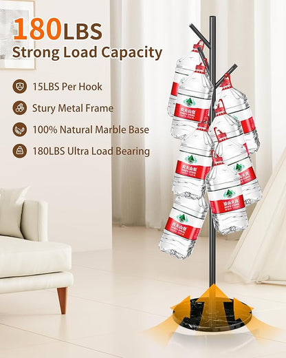 Modern Coat Rack Stand, Metal Freestanding Coat Rack with Natural Marble Base, Black Coat Racks with 8 Hooks and Coat Hanger Tree Jacket Stand for Office, Entryway, Hallway