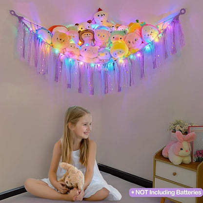 FIOBEE Stuffed Animals Net or Hammock with LED Light, Toy Hammock Hanging Stuffed Animals Storage Organizer Holder Room Décor for Nursery Kids Bedroom