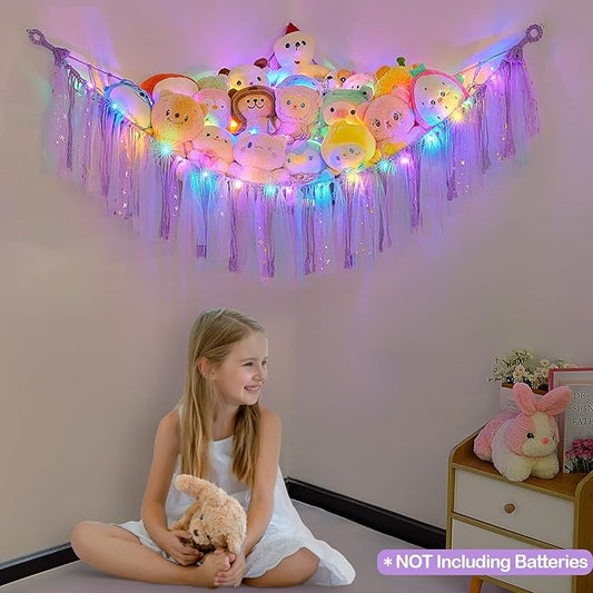 FIOBEE Stuffed Animals Net or Hammock with LED Light, Toy Hammock Hanging Stuffed Animals Storage Organizer Holder Room Décor for Nursery Kids Bedroom