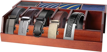 Niciksty Large Adjustable Wood Belt Organizer, 10 Compartments Belt Rack and Tie Storage Holder for Closet and Drawer, Belt Holder Organizer and Displayer, Tie Holder Storage for Men Women, Brown